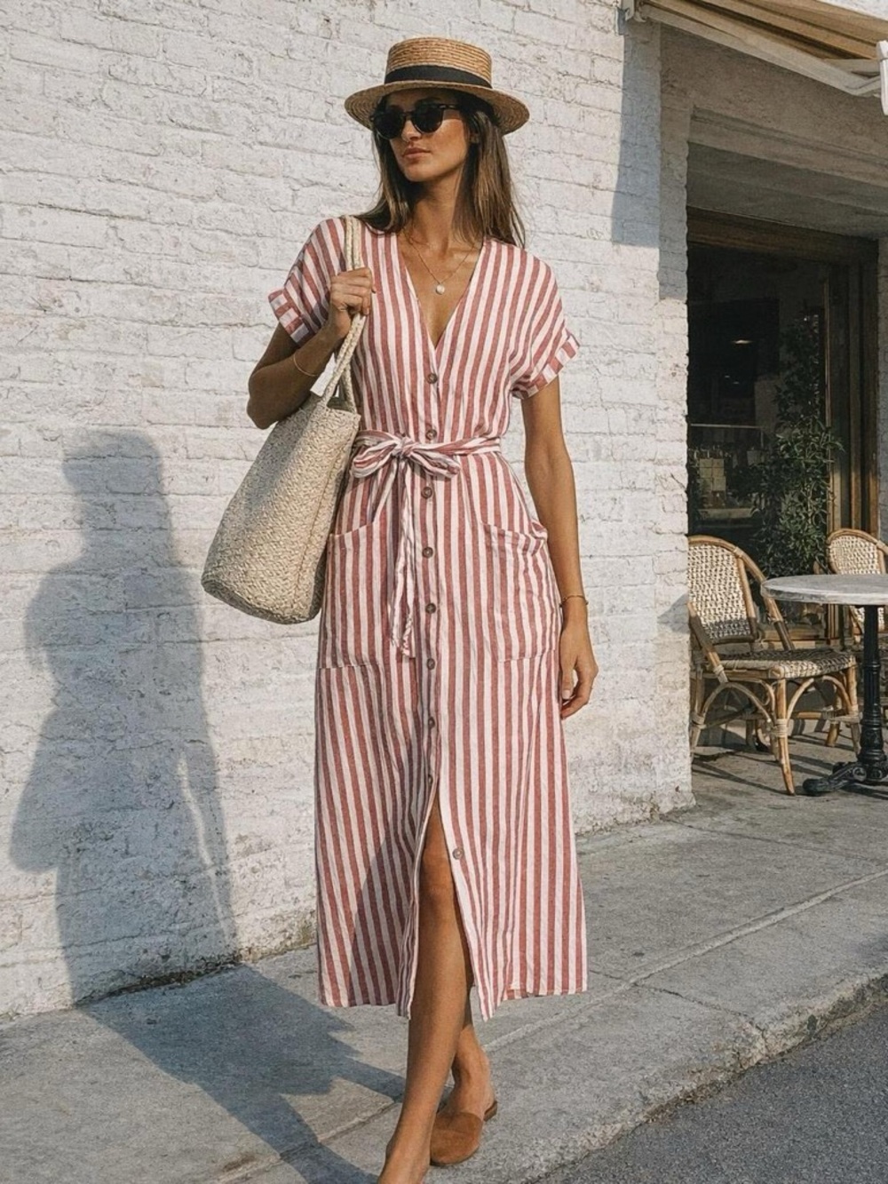 Striped V-Neck Button-Front Midi Dress in Rose Stripe